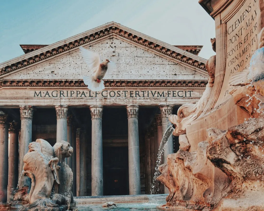 The Pantheon in Rome, seen across the fountain in Piazza della Rotonda.