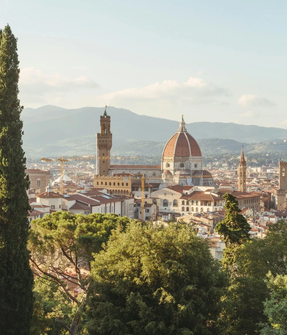 Florence's Duomo and Palazzo Vecchio tower seen from the hills above the city.
